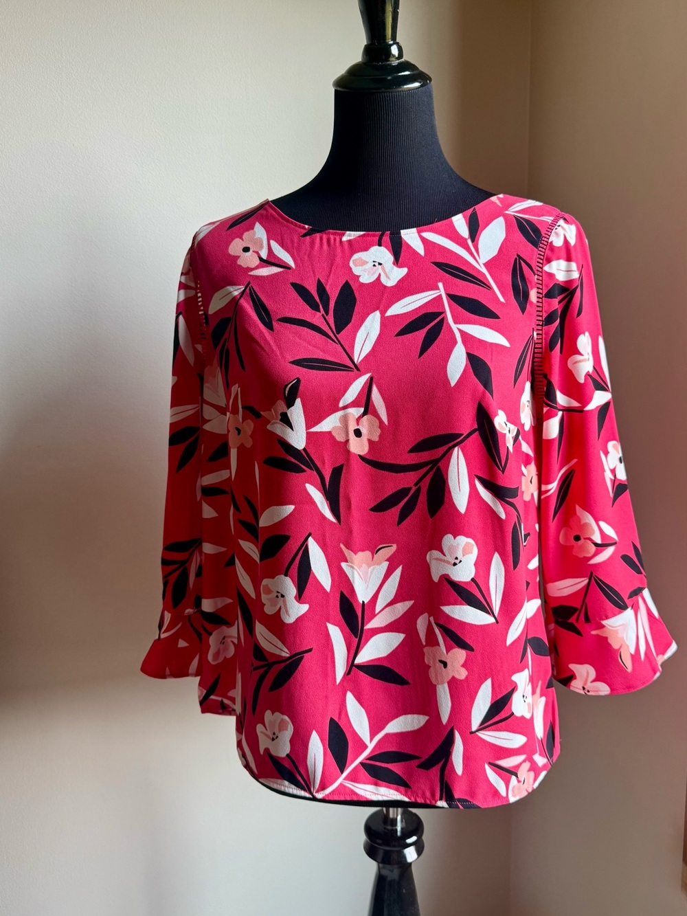 Talbots Women's Floral Crepe Blouse Pink Black 3/4 Bell Sleeve Side Zip Medium P